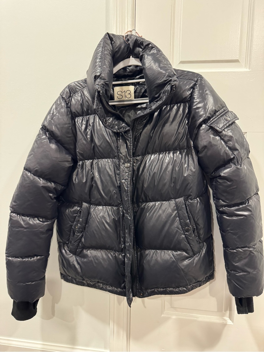S13 Women's Shiny Black Puffer Coat with High Collar